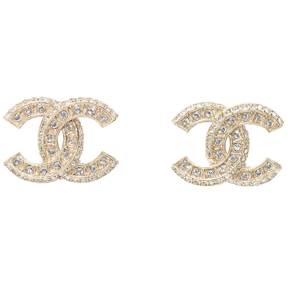 Chanel REV Gold Transparent Crystal CC Logo Classic Statement Stud Drop Earrings - Picture 4 of 11
